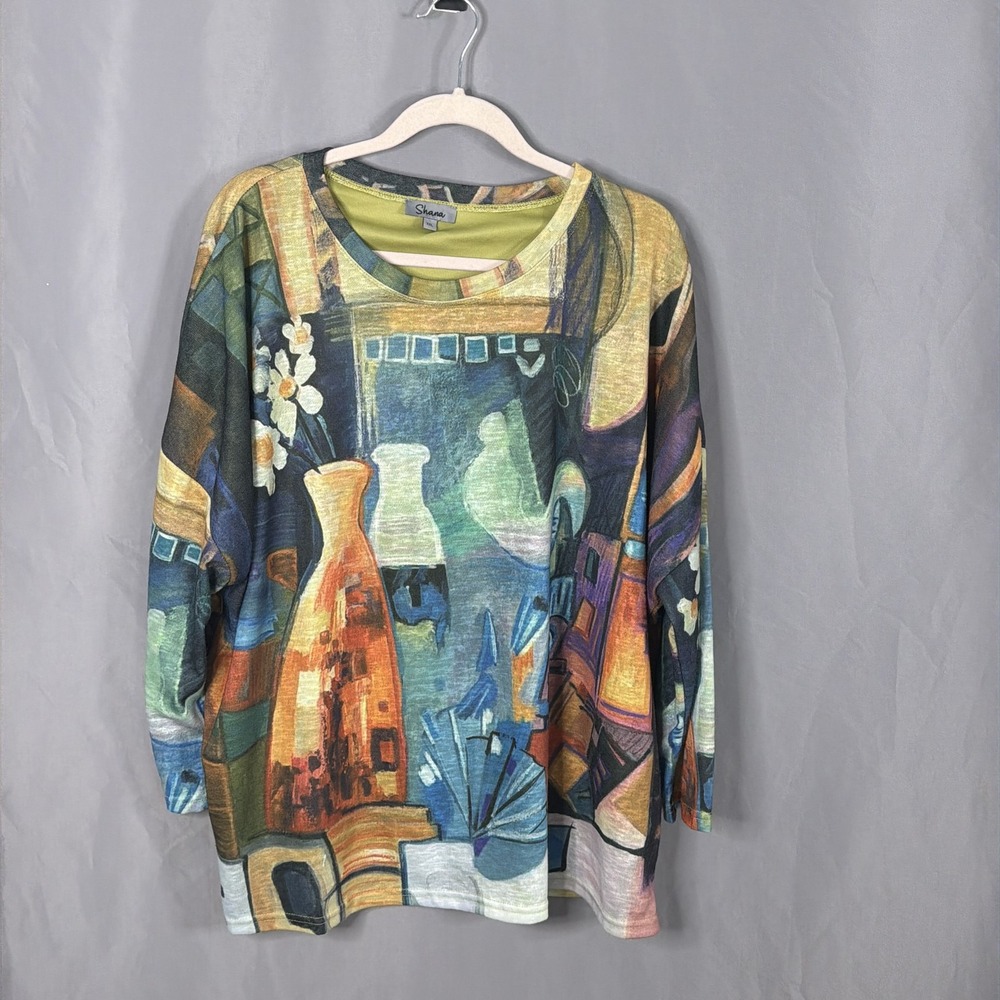Shana Top Womens 2X Multicolor Abstract Wearable Art Tunic Pullover Artsy